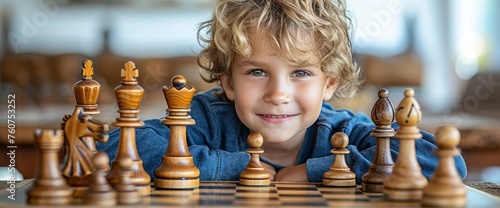 A child playing a cooperative game with an AI opponent, strategizing and laughing as they try to outwit each other photo