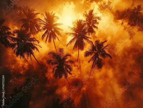 Aerial view of a Fiery skies, silhouetted palm trees, serene coastal vistas. © Cool Patterns