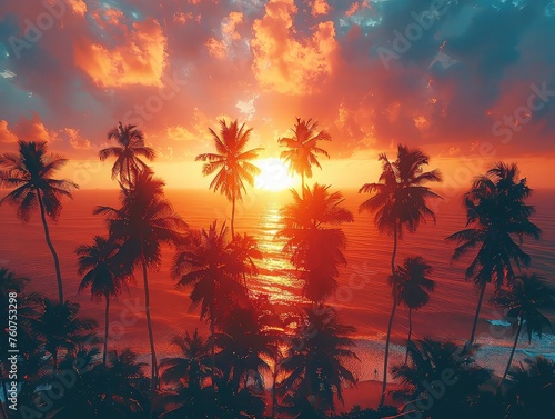 Aerial view of a Fiery skies, silhouetted palm trees, serene coastal vistas.  © Cool Patterns
