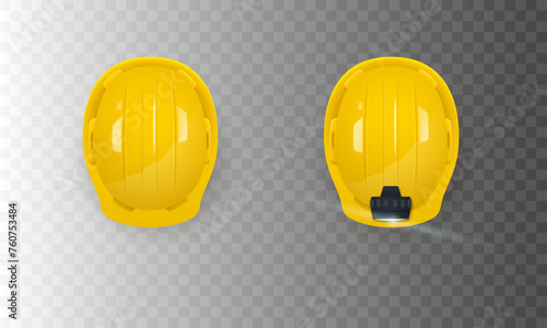 Construction helmets, regular and with a flashlight. View from above. Vector illustration.
