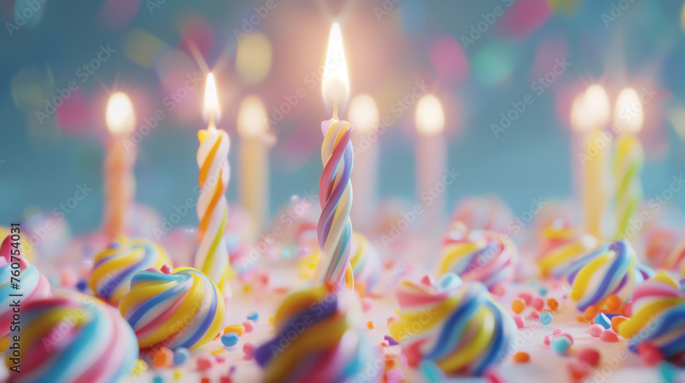 A single lit candle stands among unlit twisted candles on a colorful frosted cake with sprinkles. A single lit candle stands among unlit twisted candles on a colorful frosted cake with sprinkles.