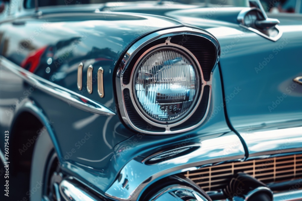 a close-up of a classic car's front grill and headlight, which exudes a vintage and elegant vibe through its shiny chrome details