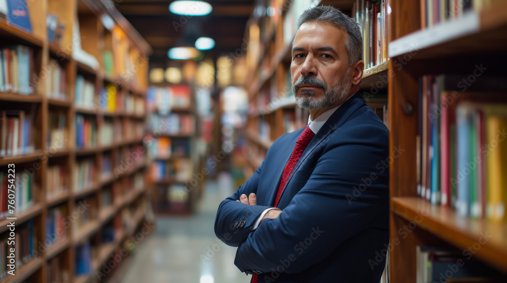 distinguished looking middle-aged man with salt and pepper hair, wearing a suit and standing with his arms crossed in front of a bookshelf filled with books distinguished looking middle-aged man with salt and pepper hair, wearing a suit and standing with his arms crossed in front of a bookshelf filled with books