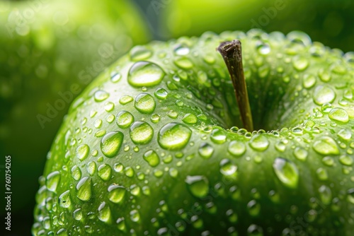 a close-up of a green apple with droplets of water on its surface, highlighting the freshness and detailed texture of the fruit