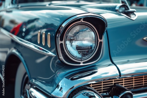 a close-up of a classic car's front grill and headlight, which exudes a vintage and elegant vibe through its shiny chrome details