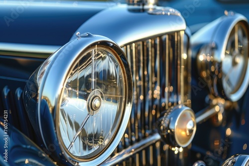 a close-up of a classic car's front grill and headlight, which exudes a vintage and elegant vibe through its shiny chrome details © romanets_v