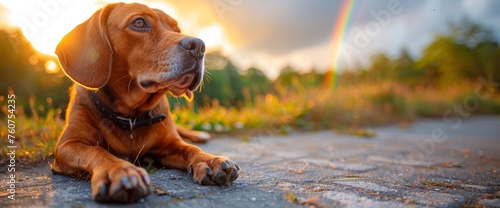 A contented Beagle resting under a rainbow stretching across a lush green landscape, with a pot of gold beside it Shot with a digital camera, using a prime lens Soft