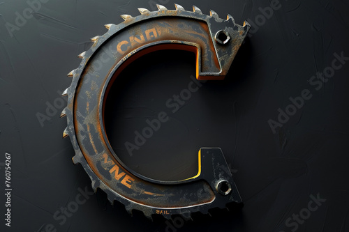 Metallic work tool alphabet, steel letter C with buzzsaw shape isolated on black background, creative handyman abc for DIY or repair concepts  photo