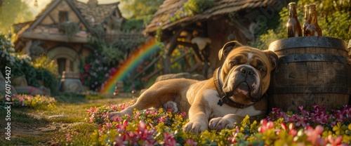 A contented Bulldog lounging in a field of clovers, with a rainbow overhead and a beer keg nearby, celebrating St. Patrick's Day