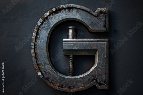 Metallic work tool alphabet, steel letter G with clamp shape isolated on black background, creative handyman abc for DIY or repair concepts 