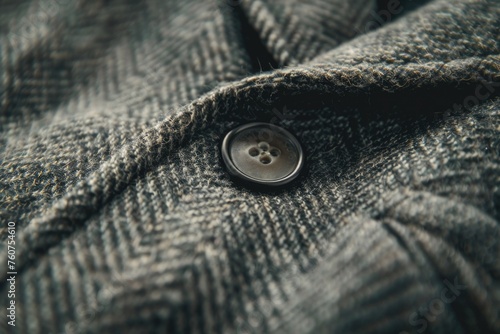 a close-up of a grey wool coat with a button visible, highlighting the texture of the fabric and the clothing design, suggesting warmth and fashion
