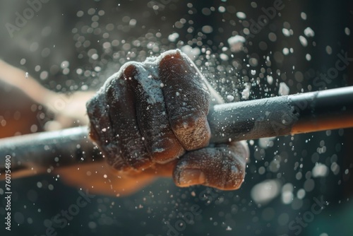a close-up of a person's hand gripping a weightlifting bar, with chalk dust flying off, emphasizing strength and effort during a workout photo