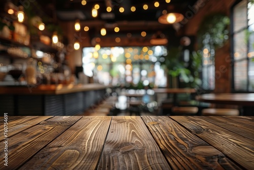 A wooden table with a view of a restaurant. Advertising background