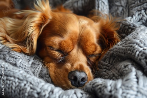 an adorable sleeping dog, a cocker spaniel, cozily wrapped in a gray blanket. The dog's eyes are closed, and it seems to be in a peaceful slumber, offering a sense of tranquility and comfort