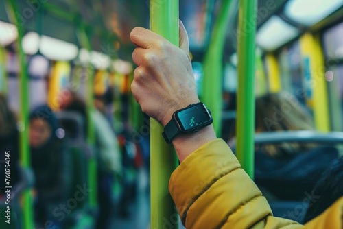 A close-up photo of someone's hand holding onto a green pole, likely on public transport like a bus or train. They are wearing a smartwatch or fitness band on their wrist © romanets_v