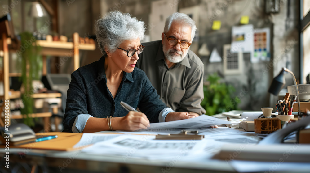 Senior studio architects carefully review drawings, demonstrating experience and concentration Senior studio architects carefully review drawings, demonstrating experience and concentration