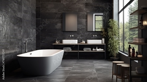 Modern interior bathroom with black marble decoration.