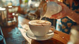 Barista pouring milk into coffee