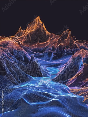 Wireframe mountain with blue or orange lines abstract river at base