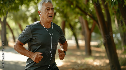 senior man with gray hair, wearing a dark t-shirt and headphones, jogging in a sunlit park with trees in the background