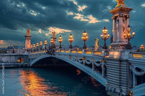 Historic Famous alexander bridge in France. Ancient historical monument with street lights watercolor. Generate ai