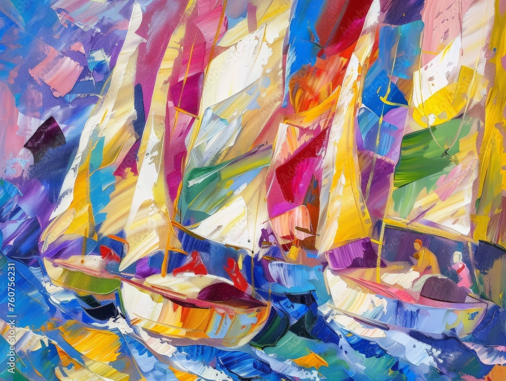 A painting featuring sailboats gracefully gliding on a body of water under a clear sky