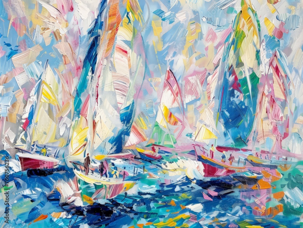 A painting depicting multiple sailboats gracefully navigating the open ocean, their sails billowing in the wind under a clear blue sky