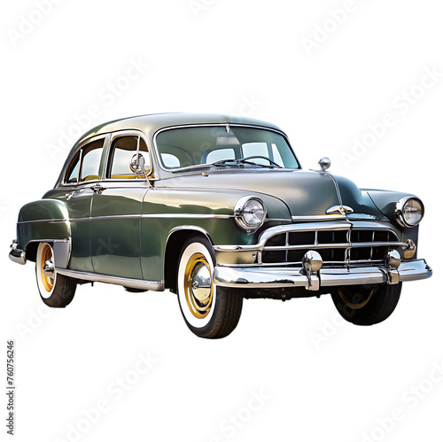 an old car with a chrome bumper and black tire is parked in the desert under a blue sky with white clouds casting