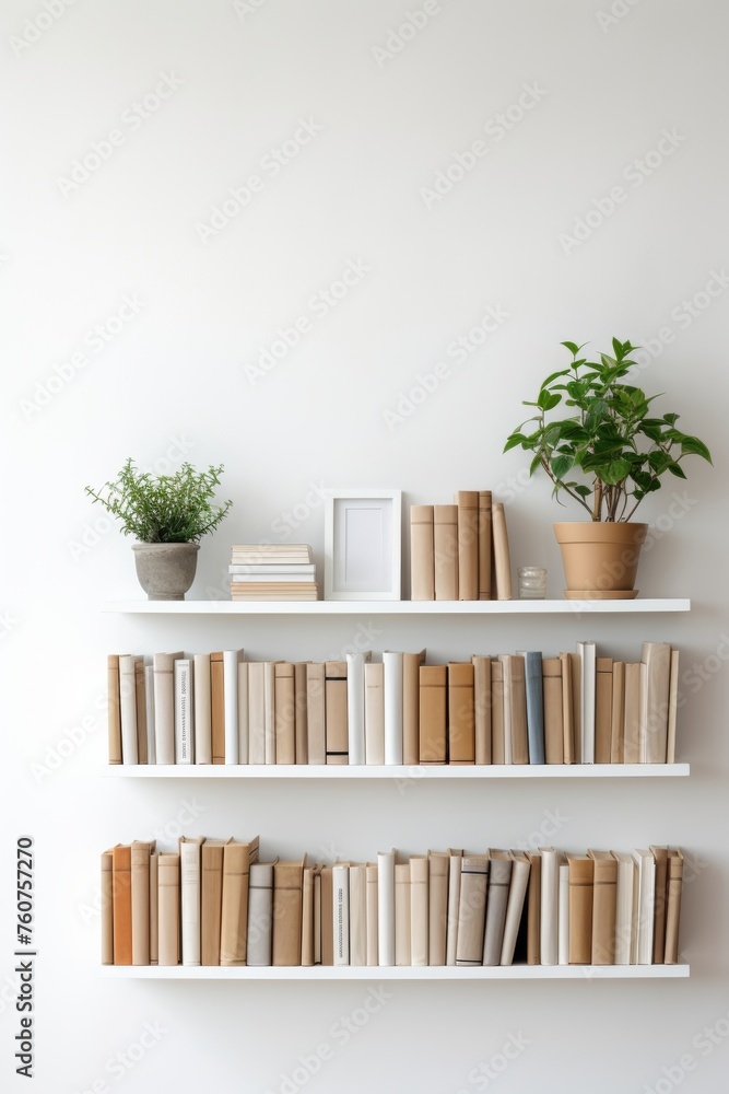 Minimalist style bookshelf with arranged books on a white wall AI generated illustration Minimalist style bookshelf with arranged books on a white wall AI generated illustration