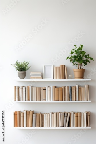 Minimalist style bookshelf with arranged books on a white wall AI generated illustration