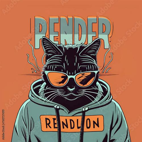 T-shirt vector, long hairly male black cat wearing sunglasses and a grey hoodie logo orange