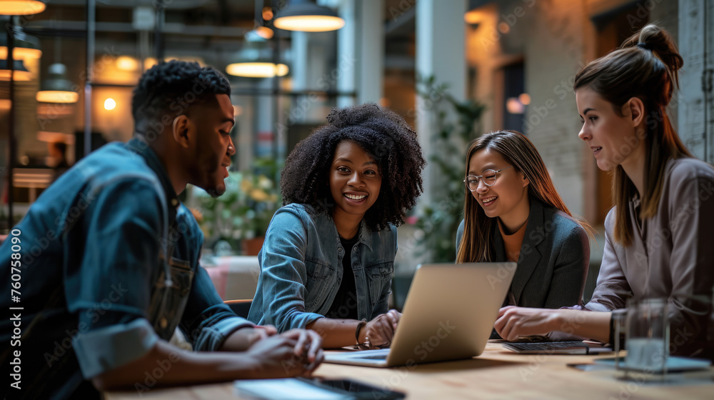 Diverse group of four young professionals or friends, gathered around a laptop at a modern workspace, collaborating or discussing Diverse group of four young professionals or friends, gathered around a laptop at a modern workspace, collaborating or discussing