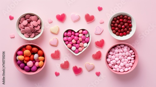 Simplistic themed Valentines Day candy arrangements in flat lay view  AI generated illustration