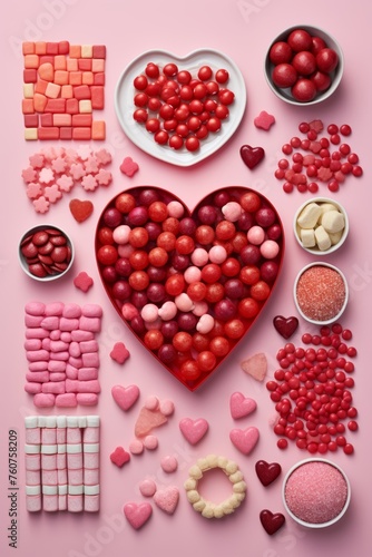 Simplistic themed Valentines Day candy arrangements in flat lay view  AI generated illustration