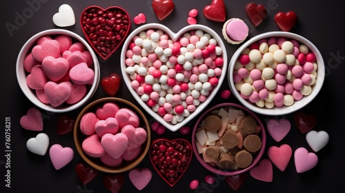 Simplistic themed Valentines Day candy arrangements in flat lay view  AI generated illustration