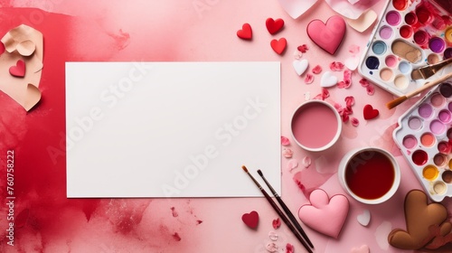 Simplistic Valentines Day art supplies flat lay presentation  AI generated illustration