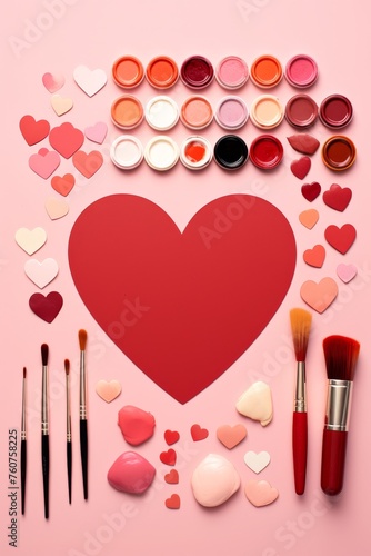 Simplistic Valentines Day art supplies flat lay presentation  AI generated illustration
