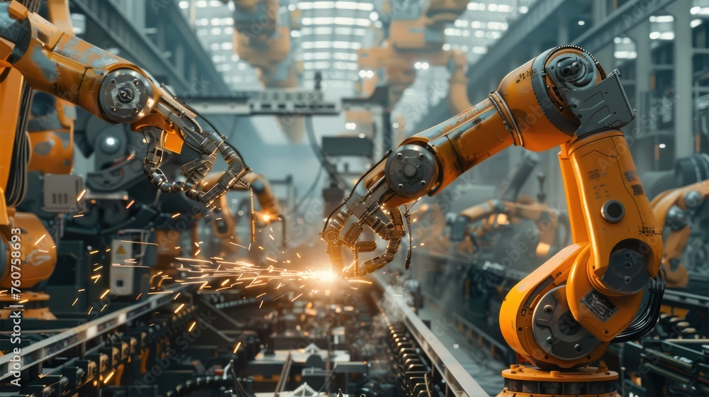 A giant futuristic robotic factory assembly line with towering machines, and sparks flying from welding robots. Generative AI.