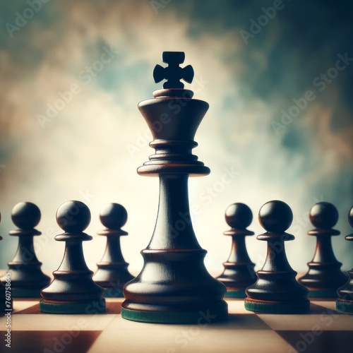 A black chess piece is the king and is surrounded by other pieces