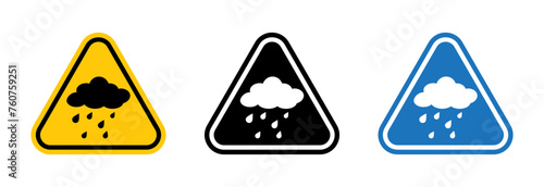 Heavy Rainfall Warning Sign. Severe Storm Alert Symbol. Yellow Triangle Rain Caution.