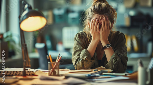 Woman feeling stressed while working on her laptop. She has her head in her hands, a pained expression on her face, signifying a headache, frustration, or exhaustion.