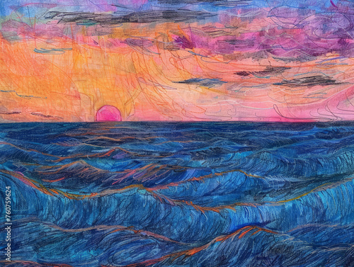 A painting depicting a vibrant sunset casting warm hues over a calm ocean, with the sun dipping below the horizon