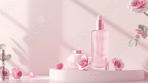 Spring-themed table stand adorned with pink roses, set against a white backdrop