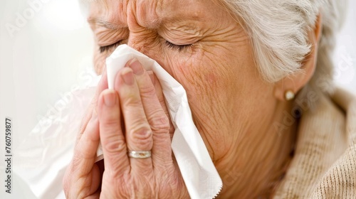 Detailed view of senior woman with illness blowing her nose into a tissue in close up perspective
