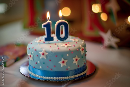 10. Geburtstag, blauer Geburtstagskuchen mit einer "10" aus Kerzen, festlicher Hintergrund