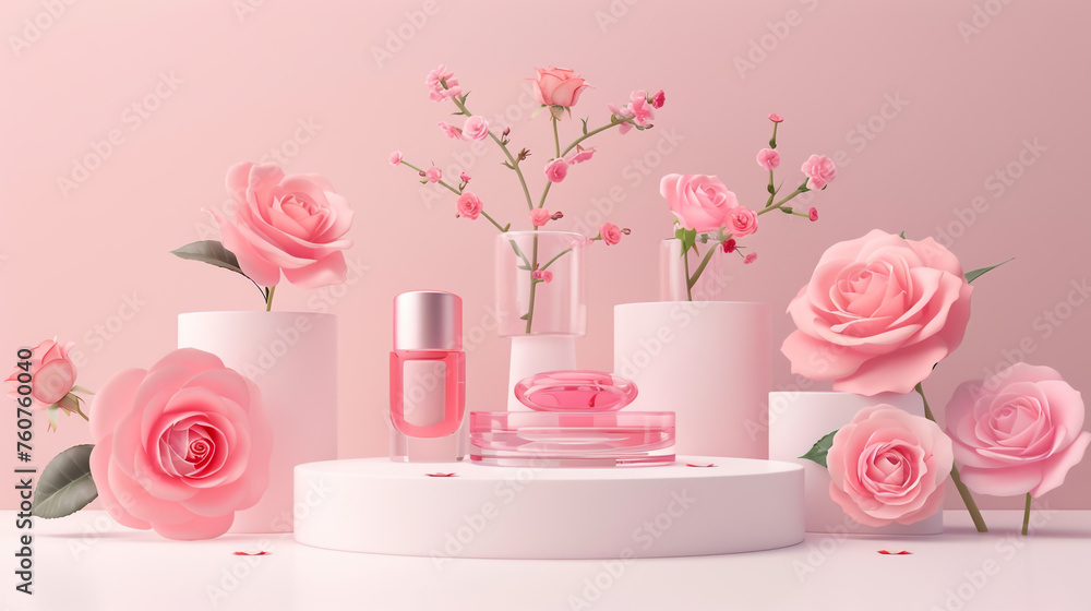 White podium backdrop adorned with a spring-themed table beauty stand featuring pink rose products.
