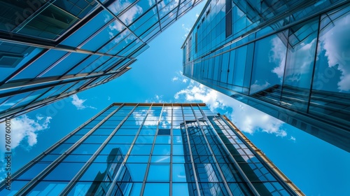 The glass Windows of modern office buildings reflect the blue sky and clouds, symbolizing the transparency of business practices.