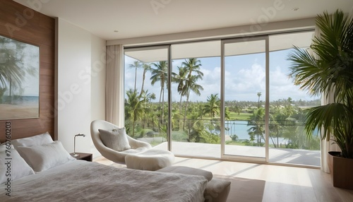 A cozy reading nook nestled in a corner of the bedroom  featuring a plush white armchair surrounded by floor-to-ceiling windows showcasing views of lush palm trees.