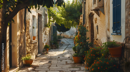 Narrow street in an old European city on a hot summer day.