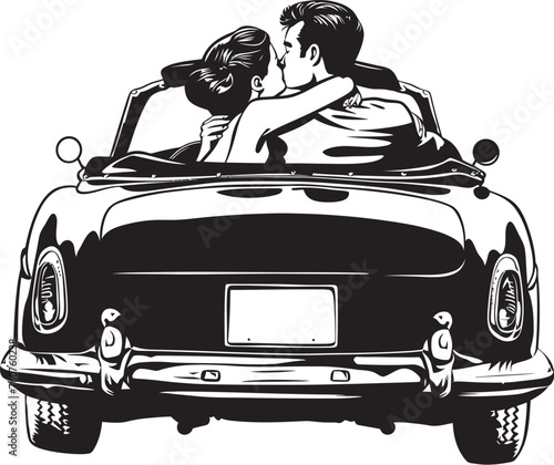 Rooftop Reverie Vector Design of Loving Couple in Convertible Car Sunset Silhouettes Iconic Emblem of Couples Back View in Convertible Car
